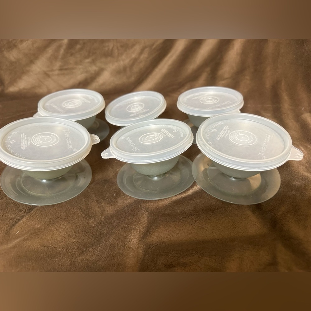Set of 6 vintage smoky gray Tupperware dessert cups with clear lids